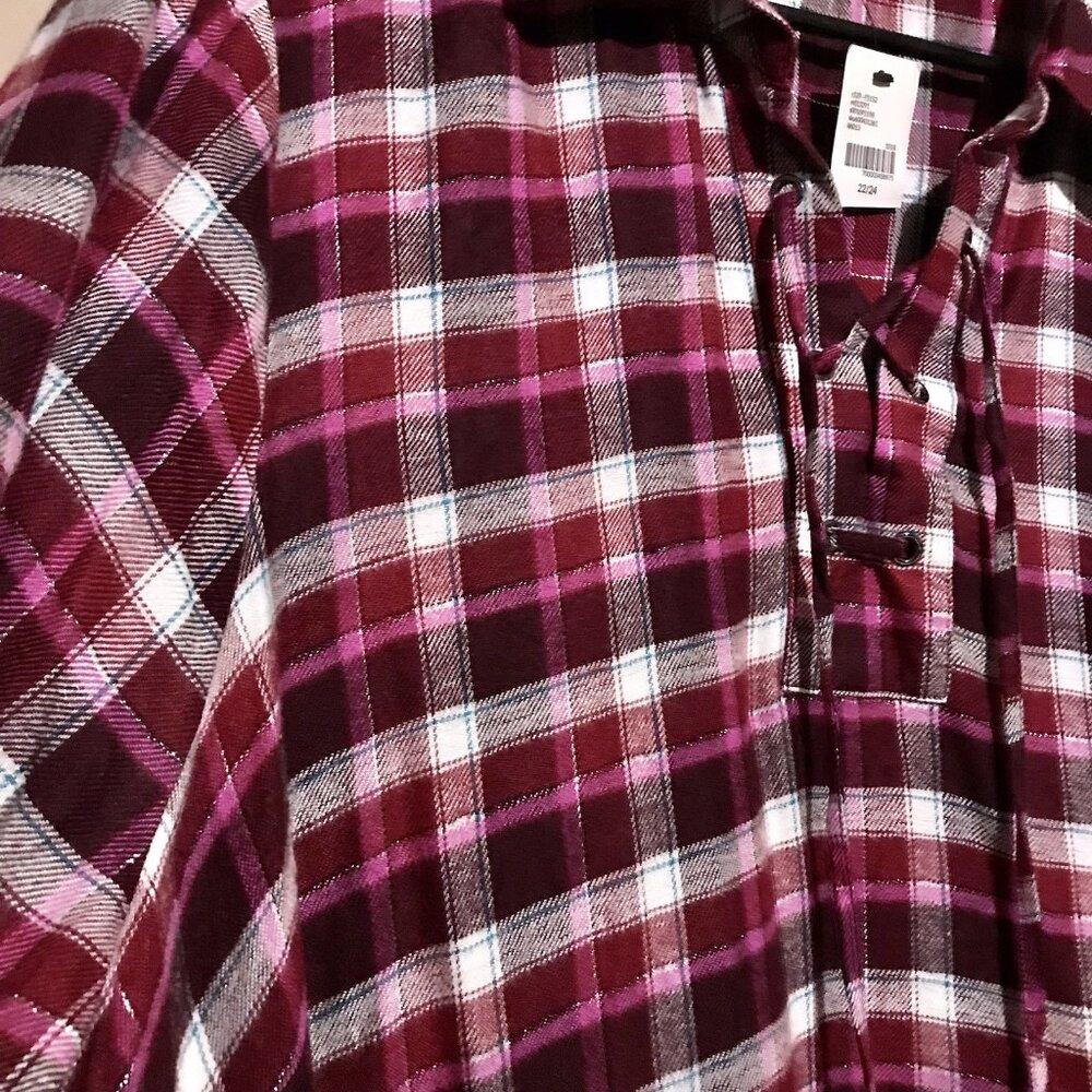 Lane‎ Bryant 22W 24W Purple Pink Rayon Flannel Plaid Lace Up Collar Tunic Top - Picture 4 of 6